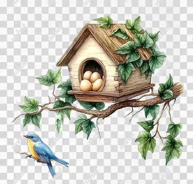 A bird house with eggs, perched on an ivy-covered branch. A bluebird is sitting nearby. Clipart in the style of Handmade watercolor art, isolated on a white background, without shadows and light effects.