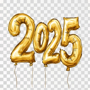 gold chunky balloon digits "2025" , watercolor cartoon style, white background