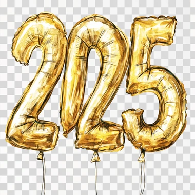 gold chunky balloon digits "2025" , watercolor cartoon style, white background