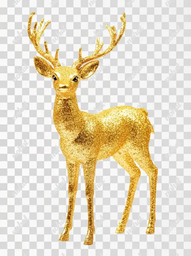 Gold glittery deer standing, white background, front view, Christmas decoration, illustration style, simple shape, no shadow on the body, no shadows below or behind the object, no outline around all four legs of the deer. The image is in high resolution and well-lit. It has a clean and clear appearance with bright colors.