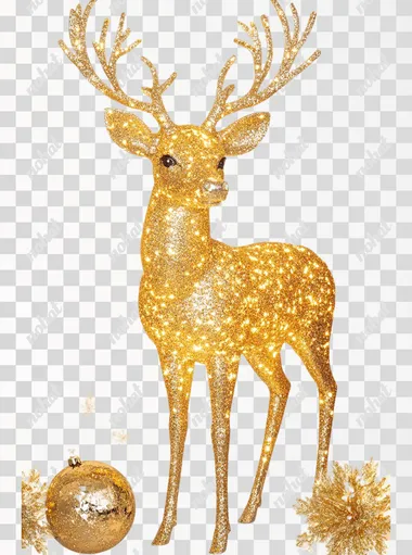 Gold glittery deer standing, white background, front view, Christmas decoration, illustration style, simple shape, no shadow on the body, no shadows below or behind the object, no outline around all four legs of the deer. The image is in high resolution and well-lit. It has a clean and clear appearance with bright colors.