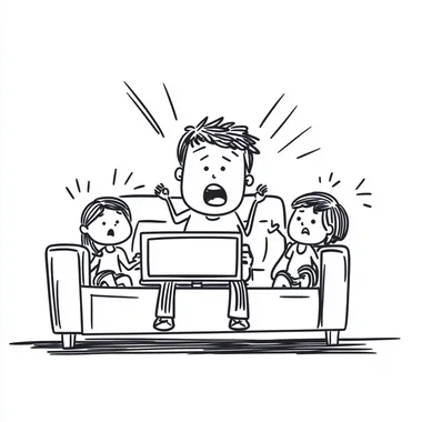 funny cartoon single continuous minimal line drawing of a man sitting on the couch watching TV and frustrated because the video is buffering. His wfe and two children are also frustrated.