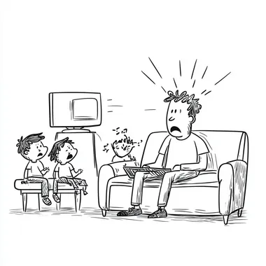 funny cartoon single continuous minimal line drawing of a man sitting on the couch watching TV and frustrated because the video is buffering. His wfe and two children are also frustrated.
