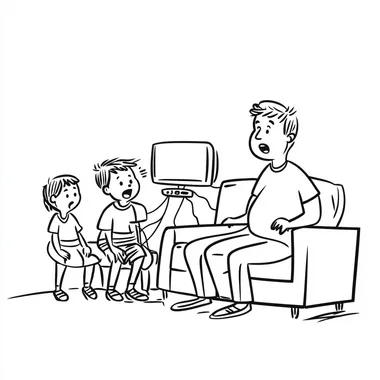 funny cartoon single continuous minimal line drawing of a man sitting on the couch watching TV and frustrated because the video is buffering. His wfe and two children are also frustrated.
