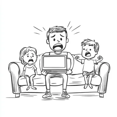 funny cartoon single continuous minimal line drawing of a man sitting on the couch watching TV and frustrated because the video is buffering. His wfe and two children are also frustrated.