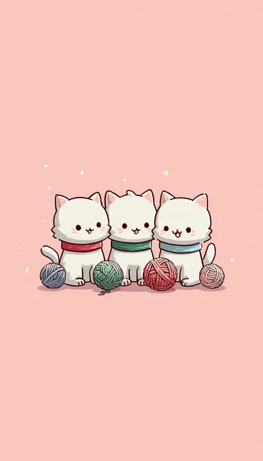Three small white kittens sitting closely together, each wearing a soft colored collar (red, green, and blue), style: Japanese kawaii, minimalist digital illustration, pastel pink background, a few playful yarn balls around them, ultra cute, clean lines, 2D art, no 3D, soft shading, cozy atmosphere, diary cover design, centered composition, flat color palette,