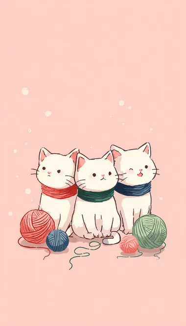 Three small white kittens sitting closely together, each wearing a soft colored collar (red, green, and blue), style: Japanese kawaii, minimalist digital illustration, pastel pink background, a few playful yarn balls around them, ultra cute, clean lines, 2D art, no 3D, soft shading, cozy atmosphere, diary cover design, centered composition, flat color palette,