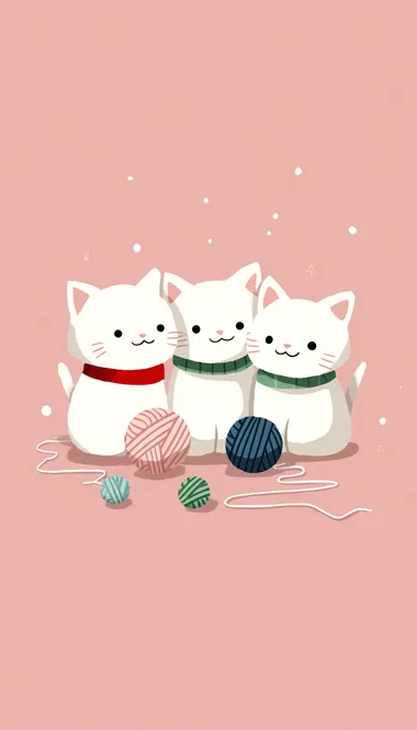 Three small white kittens sitting closely together, each wearing a soft colored collar (red, green, and blue), style: Japanese kawaii, minimalist digital illustration, pastel pink background, a few playful yarn balls around them, ultra cute, clean lines, 2D art, no 3D, soft shading, cozy atmosphere, diary cover design, centered composition, flat color palette,