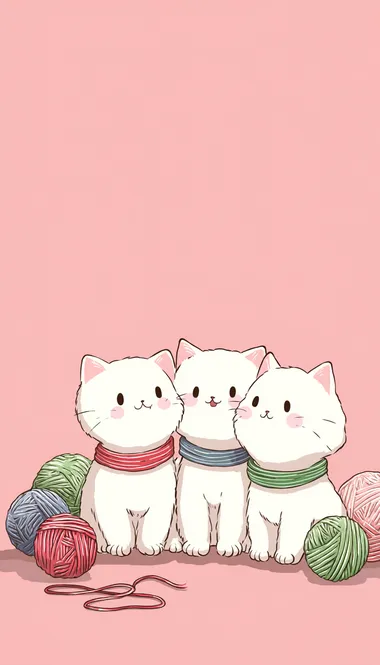 Three small white kittens sitting closely together, each wearing a soft colored collar (red, green, and blue), style: Japanese kawaii, minimalist digital illustration, pastel pink background, a few playful yarn balls around them, ultra cute, clean lines, 2D art, no 3D, soft shading, cozy atmosphere, diary cover design, centered composition, flat color palette,