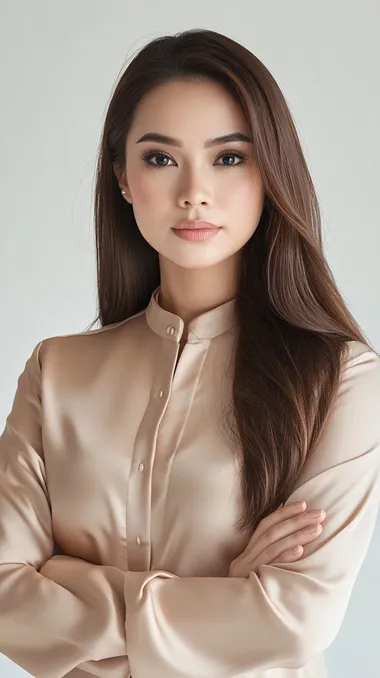 an image of a Malay woman in mid-twenties with long brown hair, wearing a satin beige baju kurung, displaying a serious expression with furrowed eyebrows and crossed arms, against a white background, conveying determination, reacting and looking to her right.