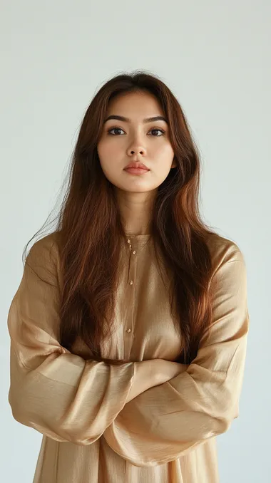 an image of a Malay woman in mid-twenties with long brown hair, wearing a satin beige baju kurung, displaying a serious expression with furrowed eyebrows and crossed arms, against a white background, conveying determination, reacting and looking to her right.