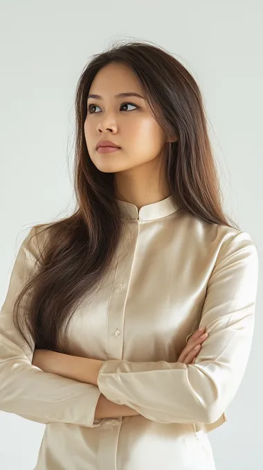 an image of a Malay woman in mid-twenties with long brown hair, wearing a satin beige baju kurung, displaying a serious expression with furrowed eyebrows and crossed arms, against a white background, conveying determination, reacting and looking to her right.
