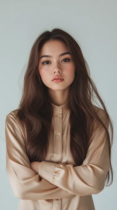 an image of a Malay woman in mid-twenties with long brown hair, wearing a satin beige baju kurung, displaying a serious expression with furrowed eyebrows and crossed arms, against a white background, conveying determination, reacting and looking to her right.