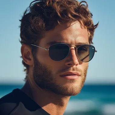 A 31-year-old male model with a natural face, wearing stylish sunglasses. The background features soft, subtle blue waves, not too busy. The overall theme is bright, elegant, and visually appealing, resembling high-end eyewear advertisements