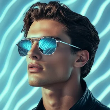 A 31-year-old male model with a natural face, wearing stylish sunglasses. The background features soft, subtle blue waves, not too busy. The overall theme is bright, elegant, and visually appealing, resembling high-end eyewear advertisements