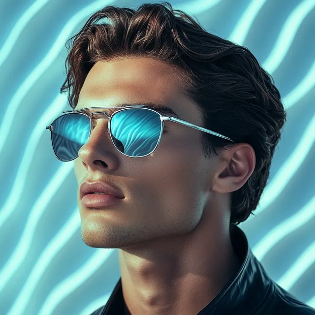 31-Year-Old Male Model in Sunglasses Against Elegant Blue Waves Background