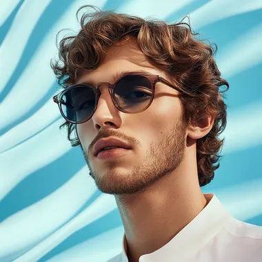 A 31-year-old male model with a natural face, wearing stylish sunglasses. The background features soft, subtle blue waves, not too busy. The overall theme is bright, elegant, and visually appealing, resembling high-end eyewear advertisements