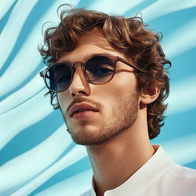 31-Year-Old Male Model in Sunglasses Against Elegant Blue Waves Background
