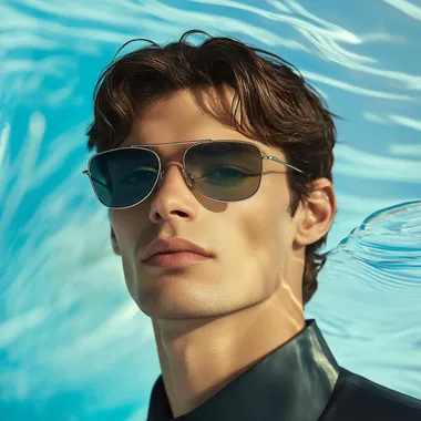 A 31-year-old male model with a natural face, wearing stylish sunglasses. The background features soft, subtle blue waves, not too busy. The overall theme is bright, elegant, and visually appealing, resembling high-end eyewear advertisements