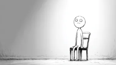 Wojak character, still in an empty white room, but now standing up from the chair with a determined look, head slightly lifted, subtle change in posture indicating inner resolve, eyes showing a spark of defiance, black line art, minimalist, raw sketch style, no color, subtle light source from above highlighting his upward gaze  --raw