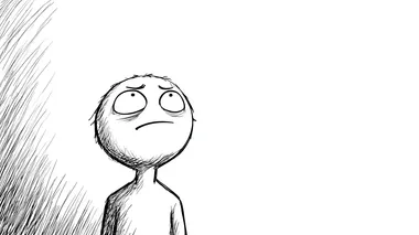 Wojak character, still in an empty white room, but now standing up from the chair with a determined look, head slightly lifted, subtle change in posture indicating inner resolve, eyes showing a spark of defiance, black line art, minimalist, raw sketch style, no color, subtle light source from above highlighting his upward gaze  --raw