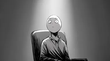 Wojak character, still in an empty white room, but now standing up from the chair with a determined look, head slightly lifted, subtle change in posture indicating inner resolve, eyes showing a spark of defiance, black line art, minimalist, raw sketch style, no color, subtle light source from above highlighting his upward gaze  --raw