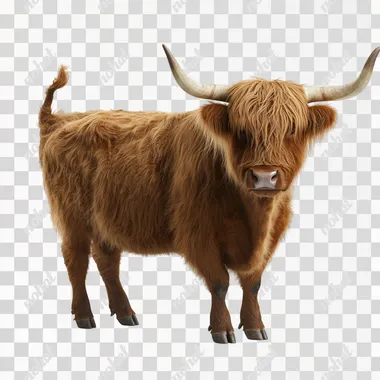 Highland cow on a slight angle, professionally photographed, white background, high resolution, ultra high detail