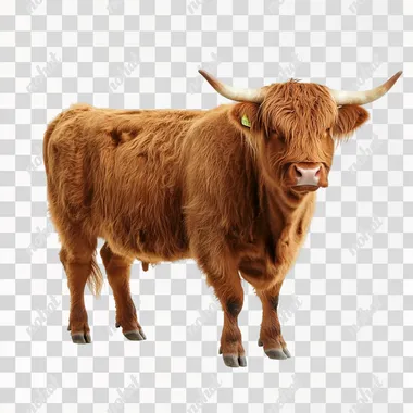 Highland cow on a slight angle, professionally photographed, white background, high resolution, ultra high detail