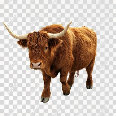 Highland cow on a slight angle, professionally photographed, white background, high resolution, ultra high detail