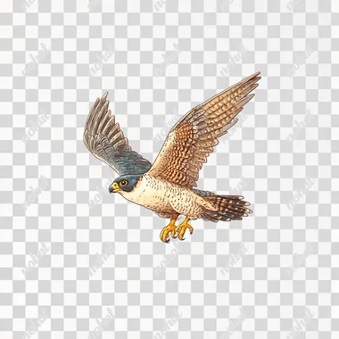 Peregrine Falcon (location on white background, clipart illustration of a peregrine falcon flying in flight, clip art cutout vector with no shadows on the ground, highly detailed watercolor illustration clip art style on transparent background, the illustration has a bold black outline around the edges, clipart isolated on pure white background)   tx8zr15