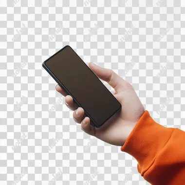 Side view of man hand with orange sleeve holding horizontal modern smartphone mockup. New modern black frameless smartphone mockup without seeing the screen. Isolated on white background high-quality studio shot