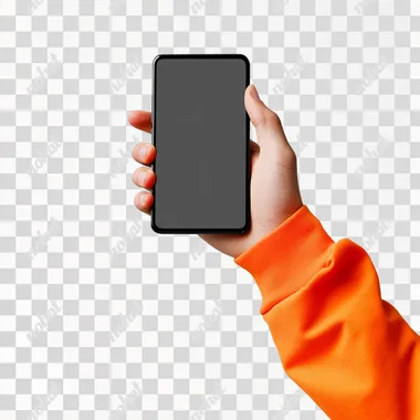 Side view of man hand with orange sleeve holding horizontal modern smartphone mockup. New modern black frameless smartphone mockup without seeing the screen. Isolated on white background high-quality studio shot