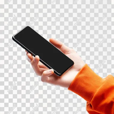 Side view of man hand with orange sleeve holding horizontal modern smartphone mockup. New modern black frameless smartphone mockup without seeing the screen. Isolated on white background high-quality studio shot