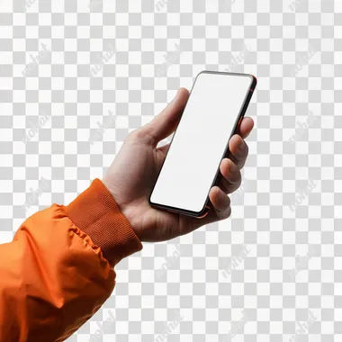 Side view of man hand with orange sleeve holding horizontal modern smartphone mockup. New modern black frameless smartphone mockup without seeing the screen. Isolated on white background high-quality studio shot