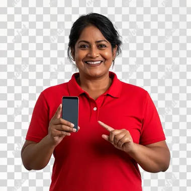 Mauritian woman with age 40 years old in a red polo shirt, smiling and showing a mobile phone and pointing at the screen of the mobile phone, with a complete white background