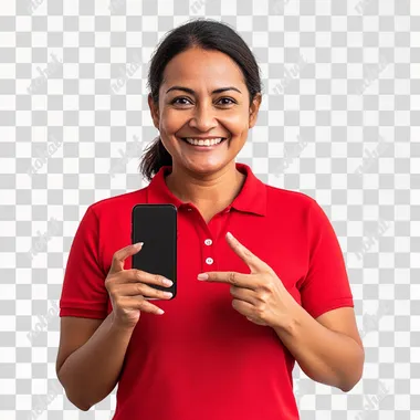 Mauritian woman with age 40 years old in a red polo shirt, smiling and showing a mobile phone and pointing at the screen of the mobile phone, with a complete white background