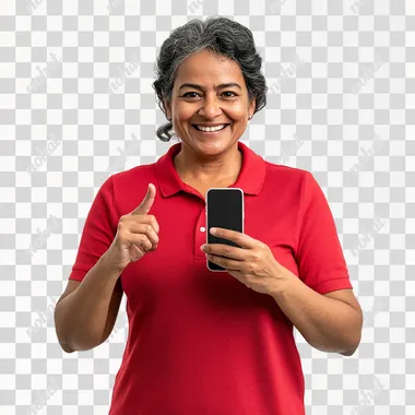 Mauritian woman with age 40 years old in a red polo shirt, smiling and showing a mobile phone and pointing at the screen of the mobile phone, with a complete white background