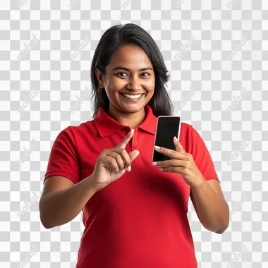 Mauritian woman with age 40 years old in a red polo shirt, smiling and showing a mobile phone and pointing at the screen of the mobile phone, with a complete white background