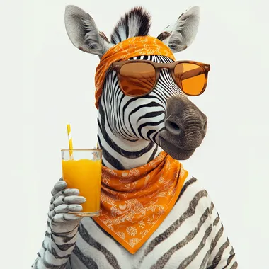 Create a hyper-realistic image of a zebra with an orange bandana and glasses, holding an orange juice, white background, 4k cinematography, details, canon, 50mm lens