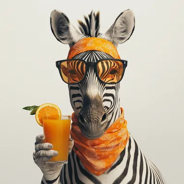 Create a hyper-realistic image of a zebra with an orange bandana and glasses, holding an orange juice, white background, 4k cinematography, details, canon, 50mm lens