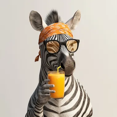 Create a hyper-realistic image of a zebra with an orange bandana and glasses, holding an orange juice, white background, 4k cinematography, details, canon, 50mm lens