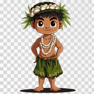 a cartoon image of a CHamoru boy wearing traditional chamorro outfit of a green loincloth (gupot) and a short white large shell necklace (salgguan) and traditional hats (kareta). whole body image