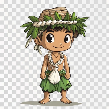 a cartoon image of a CHamoru boy wearing traditional chamorro outfit of a green loincloth (gupot) and a short white large shell necklace (salgguan) and traditional hats (kareta). whole body image