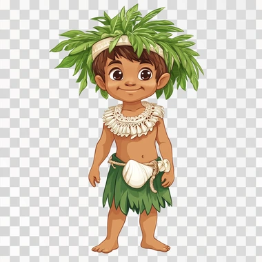 a cartoon image of a CHamoru boy wearing traditional chamorro outfit of a green loincloth (gupot) and a short white large shell necklace (salgguan) and traditional hats (kareta). whole body image