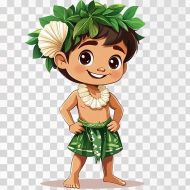 a cartoon image of a CHamoru boy wearing traditional chamorro outfit of a green loincloth (gupot) and a short white large shell necklace (salgguan) and traditional hats (kareta). whole body image