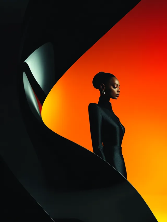 Woman in Black Dress Surrounded by Dreamlike Sky, Motion Blur Effect