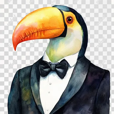 a tucan watercolor clipart wearing a black tuxedo against a white background. --s 250