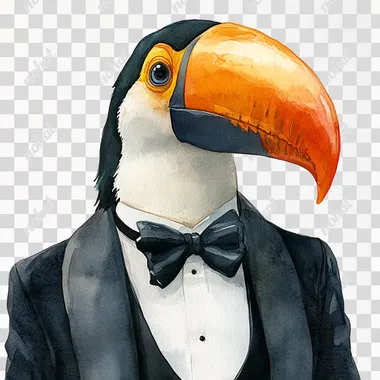 a tucan watercolor clipart wearing a black tuxedo against a white background. --s 250