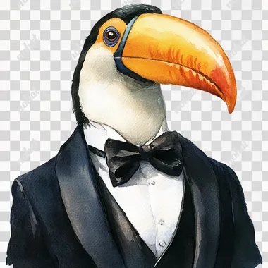 a tucan watercolor clipart wearing a black tuxedo against a white background. --s 250
