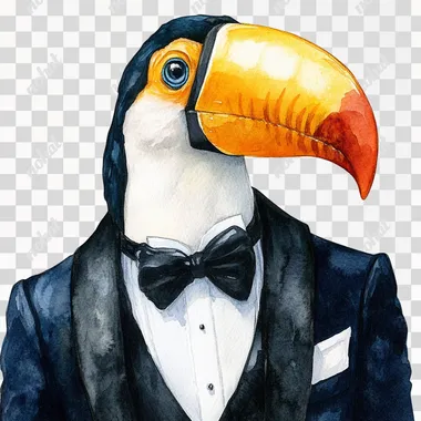 a tucan watercolor clipart wearing a black tuxedo against a white background. --s 250
